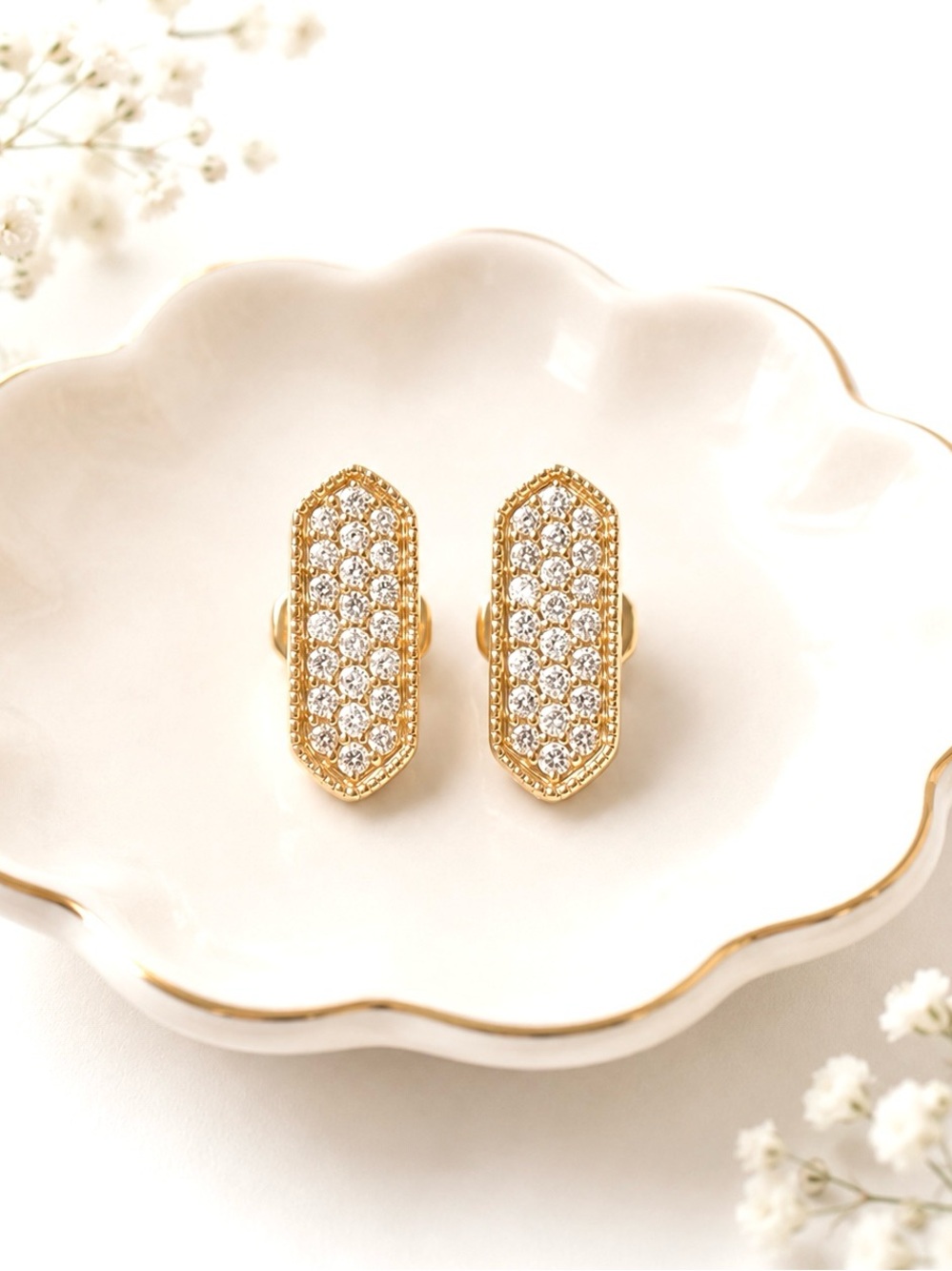 14K Yellow Gold Diamond Pave Hexagon Stud Earrings  RETAIL $985+